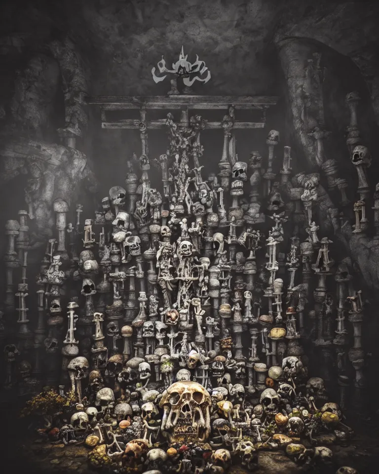 Image similar to full color, low wide shot of sedlec ossuary, bones, anime style mixed with fujifilm, dark, foggy, atmospheric, artstation, cgsociety, octane render, cgi, unreal engine 5, denoise, detailed, cinematic masterpiece