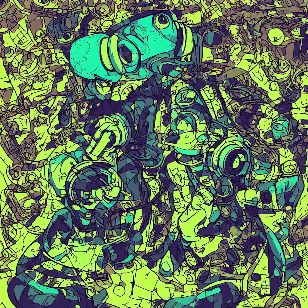 Image similar to a toad wearing headphones, ryuta ueda artwork, breakcore, style of jet set radio, y 2 k, gloom, space, cel - shaded art style, sacred geometry, data, minimal, code, cybernetic, dark, eerie, cyber