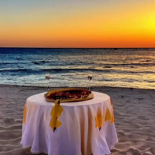 Image similar to photo of a white dish over a table with a sunset on the beach in the background