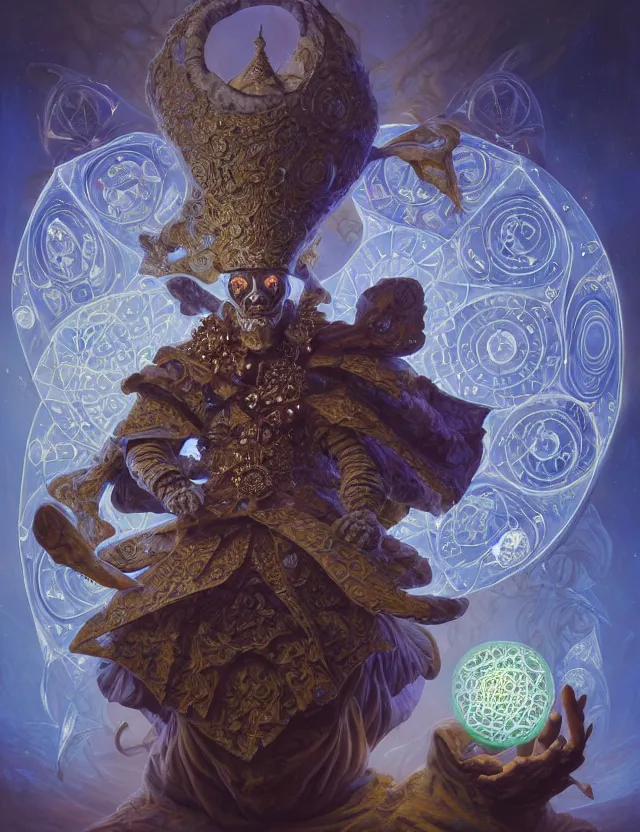 Image similar to front shot of a court jester character, hyperdimensional, bioluminescent hypercubes, ((intricate)), elegant, highly detailed, centered, (((artstation, concept art, smooth, sharp focus, artgerm, Tomasz Alen Kopera, Peter Mohrbacher, donato giancola, Joseph Christian Leyendecker, WLOP, Boris Vallejo))), mugshot!!!!!, ugly!!!!!!, octane render, nvidia raytracing demo, grainy, muted, 8K, digitalblasphemy