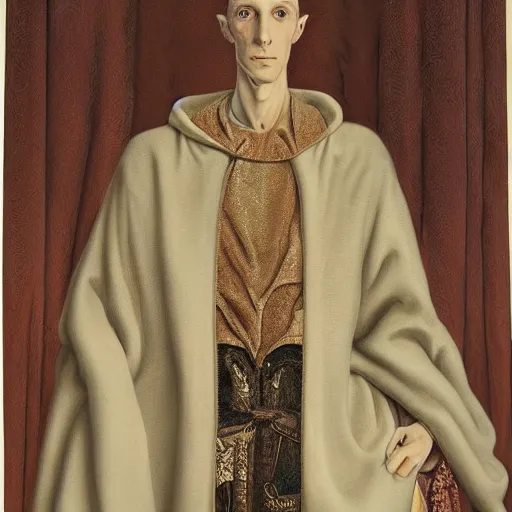 Prompt: Portrait of an anthropomorphic White brown Greyhound wearing a mink robe in an abbey. Very high quality. Drawn by James Christensen