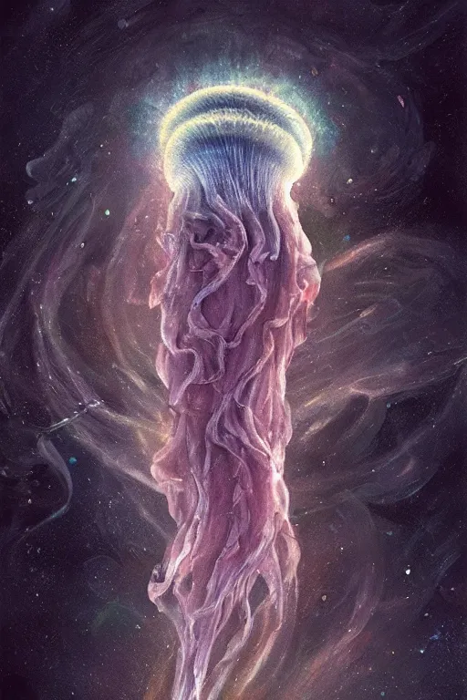 Image similar to the look of an elderly person full of wrinkles and imperfections comes out of a tornado jellyfish by artgem and greg rutkowski, highly detailed, high contrast, light reflection, trippy, nebula, trending on artstation