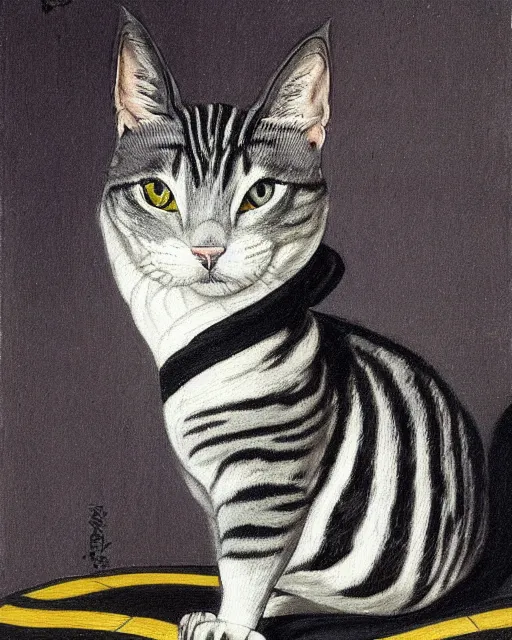 Prompt: an ornamental painting of a grey short haired cat with black stripes, portrait, in the style of John Coulthart, hyper detailed, maximalist