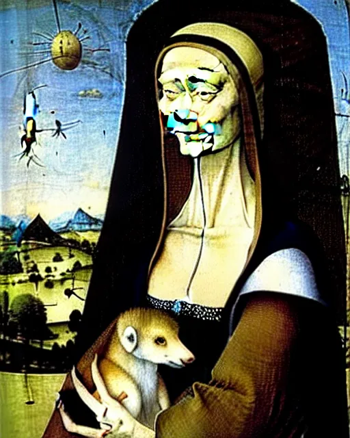 Image similar to Lady with an Ermine by Leonardo painting by Hieronymus Bosch