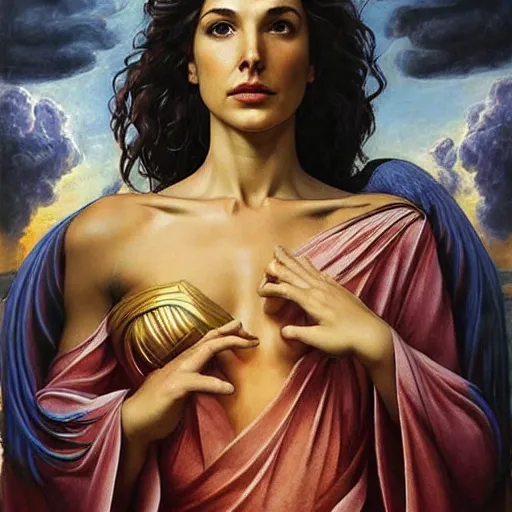 Image similar to Full body oil painting of the beautiful goddess Gal Gadot, she is wearing a peplos and a surreal ornate, her hair is natural disheveled, she is approaching heaven over the clouds, naturalism, dramatic lighting, high-detailed oil painting by Ilya Repin, Michelangelo da Caravaggio, William Blake, Alex Grey and Beksinski, trending on Artsation, hystorical painting, naturalism, masterpiece, 4k, 8k,