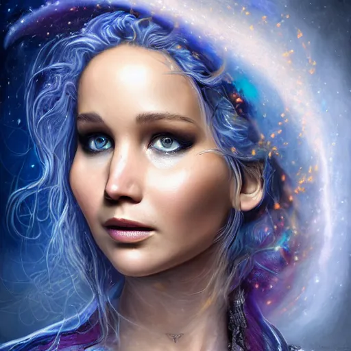 Image similar to a wlop 3 d render of very very very very highly detailed beautiful mystic portrait of a phantom cthulu priestess jennifer lawrence with whirling galaxy around, tattoos by anton pieck, intricate, extremely detailed, digital painting, artstation, concept art, smooth, sharp focus, illustration, intimidating lighting, incredible art,