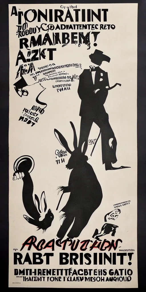 Image similar to a 1 9 2 0 s poster advertising the amazing rabbit, breakout artist