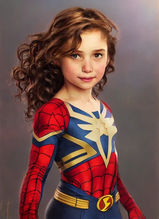 Image similar to a little girl with a mischievous face and light brown curly wavy hair. she is dressed as captain america, spiderman, batman, the flash, captain marvel, wonder woman, a superhero. clean elegant painting, beautiful detailed face. by artgerm and greg rutkowski and alphonse mucha