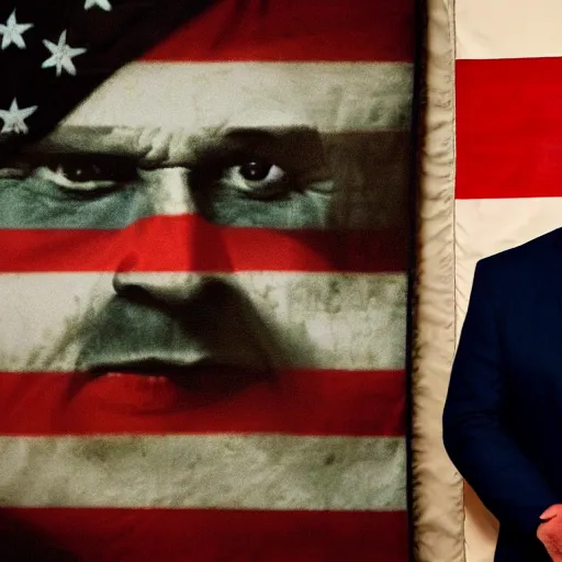 Prompt: Ron Desantis in front of a Betsy Ross flag, dark, creepy, ominous, modern propaganda artwork