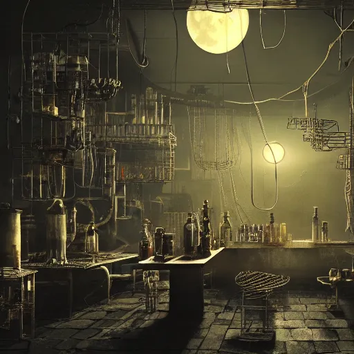 Image similar to of a industrial environmnet, alchemist's laboratory, sun roof with the moonlight lighting the room, messy tabletops, cages hanging from the ceilling with octopuses on them, mad scientist, frankenstein vibes, octane render, realistic, volumetric lighting, 4 k, 1 6 mm lens, f 2. 8, cinematic framing