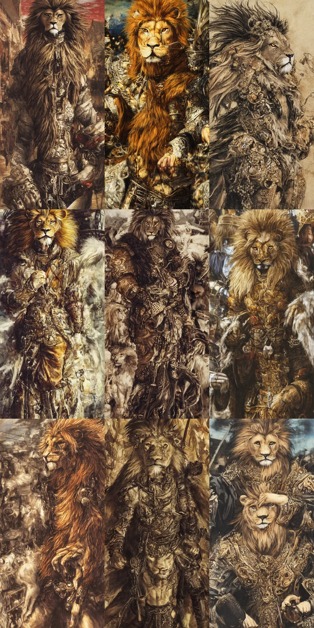 Image similar to 8 k yoshitaka amano painting of upper body of a young cool looking lion beastman with white mane at a medieval market at windy day. depth of field. he is wearing complex fantasy clothing. he has huge paws. renaissance style lighting.