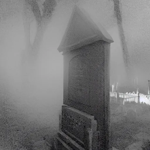 Image similar to cctv security cam grainy black and white footage of baron samedi in an spooky graveyard. baron samedi is wreathed in mist and shadow and is looking at the camera.