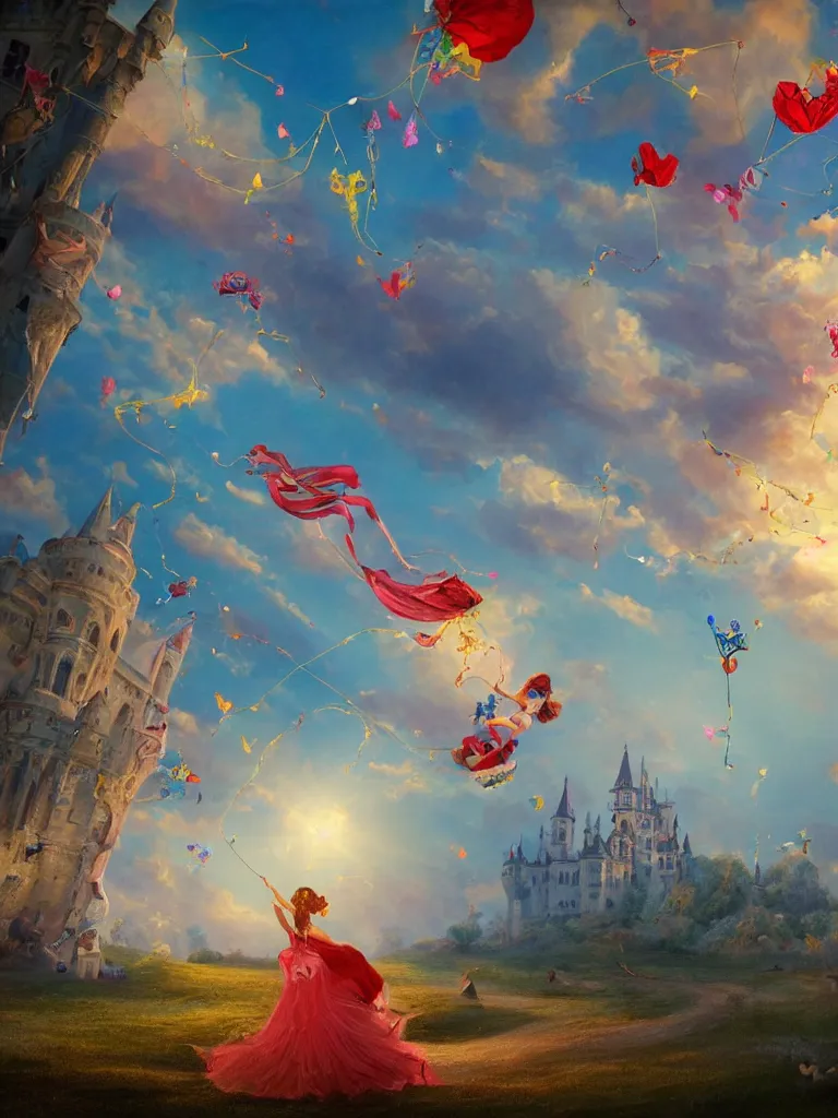 Prompt: Detailed painting of a princess in Wonderland with flying kites, Background: a baroque castle, buildings, dawn, sun. Color scheme: red, white, blue. fantasy, magical, volumetric lighting, epic composition, ultra realism, dramatic lighting, golden ratio, cinematic composition, 8k, octane render, artstation n-4