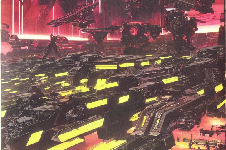 Image similar to 1 9 7 9 science fiction magazine depicting battletech fight in neo - tokyo. in the style of bladerunner concept art by syd mead