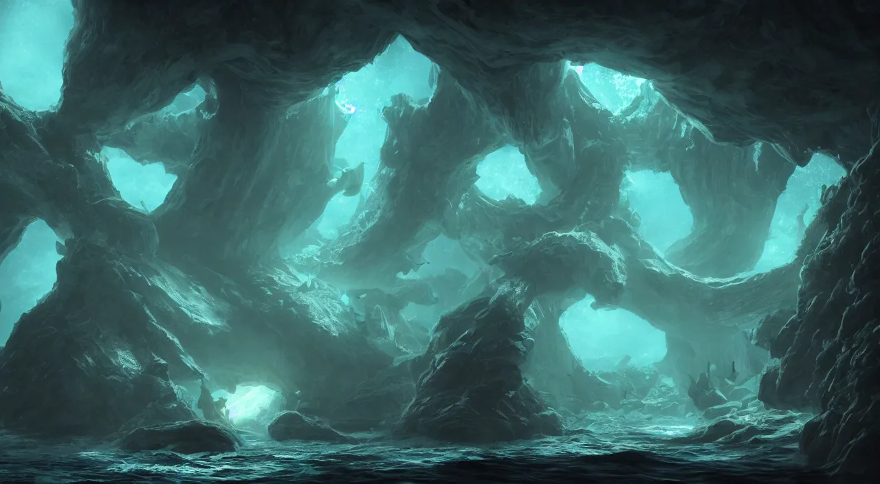 Prompt: Underwater luminescent cave with Leviathans, eerie, emotion, moody, concept art, cinematic