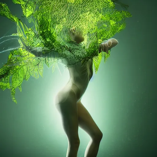 Image similar to a highly detailed ethereal full body digital image of a elegantly posed dancing futuristic woman beautifully intertwined in realistic green leafy foliage liquid like leaves shot, full body shot, by Andrew Chiampo, artstation, and Frederik Heyman, extremely detailed woman, stunning volumetric lighting, hyper realism, fantasy 4k