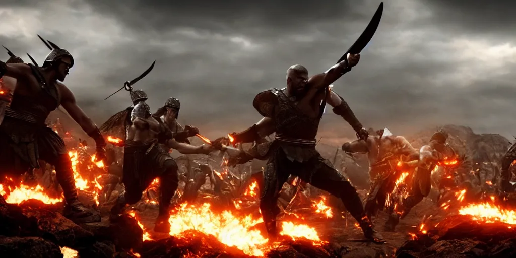 Image similar to epic battle screen of hero, film still from the movie'3 0 0'( 2 0 0 6 ), 3 d, 8 k realistic, cryengine, playstion 5 screen, cinematic lighting