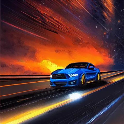 Prompt: a beautiful artwork of a mustang on a highway at night, by Jerome Opeña, featured on artstation