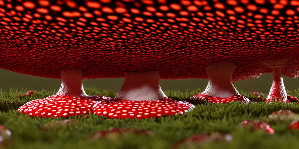 Prompt: a 3 d render of an amanita muscaria mushroom giant with tiny people below looking up at it,