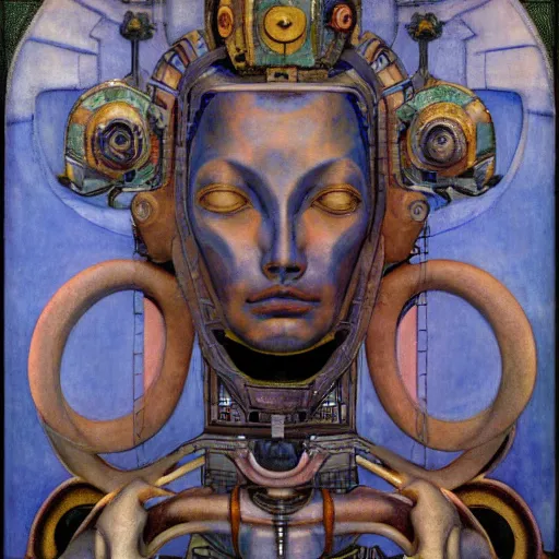 Image similar to the robot queen, by annie swynnerton and diego rivera and lucien freud and jean delville, symbolist, dramatic lighting, elaborate geometric ornament, head and shoulders view, art brut, soft pastel colors, smooth, sharp focus, extremely detailed, adolf wolfli, leo and diane dillon, nicholas roerich