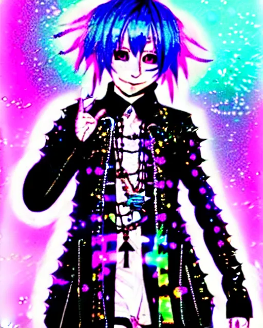 Image similar to a hologram of decora styled yotsuba koiwai wearing a gothic spiked jacket, holography, irridescent, baroque visual kei decora art