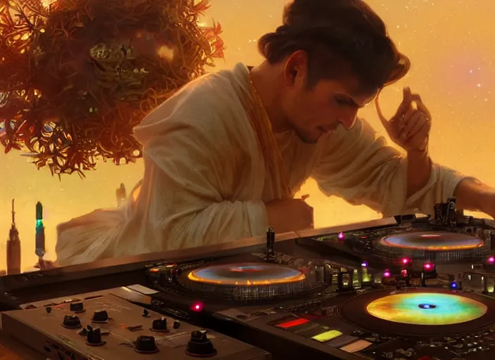 Image similar to Man djing under the galaxy, digital art, artstation, hyperrealistic, 4k, unreal engine, octane render, trending on artstation, art by Artgerm and Greg Rutkowski and Alphonse Mucha