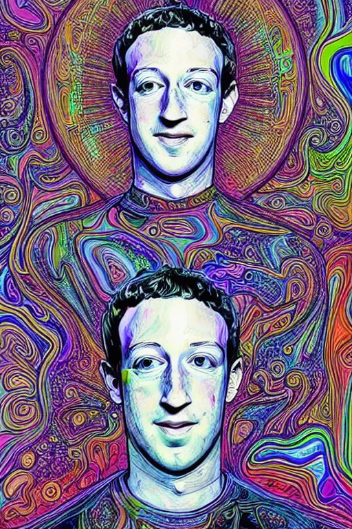 Image similar to beautifully detailed, psychedelic, mystical lsd portrait of mark zuckerberg's inner being, clockwork, technical inner being, pen, ink, copic marker