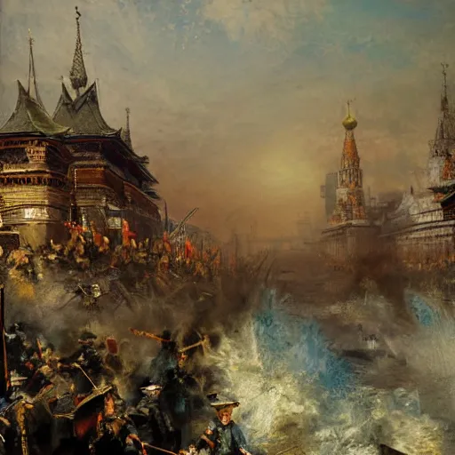 Prompt: highly detailed painting of samurais patrolling moscow, by william turner, by greg rutkowski, by william constable, thick brush strokes and visible paint layers, 4 k resolution