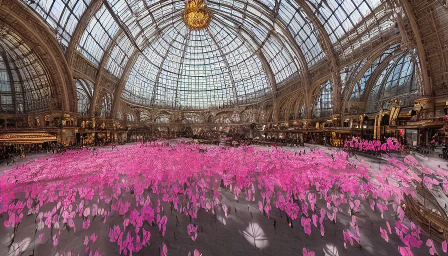 Image similar to victoria secret parade in the galeries nationales du grand palais in paris, light, shadows, reflections, flowers, epic composition, intricate, elegant, volumetric lighting, 4 k resolution, octane render, unreal engine, ultradetailed, photorealistic, ultrarealism, trending on artstation