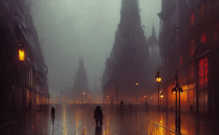 Image similar to a victorian city with rainy and moody cinematic lighting by darek zabrocki and greg ruthkowski, alphonse mucha, simon stalenhag and cinematic and atmospheric, concept art, artstation, trending on artstation