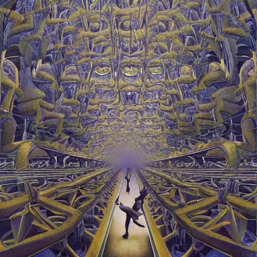 Image similar to a breathtaking 8 k resolution matte painting of a black boy lost inside an endless hall of mirrors, in a symboloic and meaningful style, by m. c. escher and alex grey and android jones