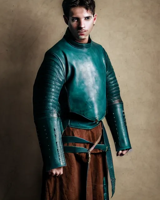 Image similar to an award - winning photo of a ancient male model wearing a simple baggy teal distressed medieval designer menswear leather jacket slightly inspired by medieval armour, 4 k, studio lighting, wide angle lens