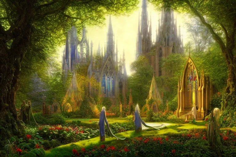 Image similar to a beautiful and highly detailed digital painting of an elven cathedral in a beautiful garden in a mystical forest, psychedelic, intricate details, cgsociety, 8 k, sharp focus, photorealism, by caspar friedrich, albert bierstadt, james gurney, brian froud,