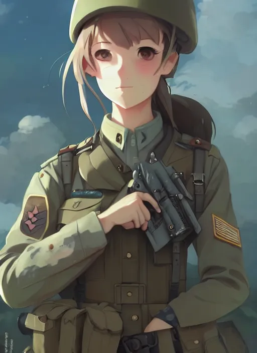 Image similar to portrait of cute soldier girl, cloudy sky background lush landscape illustration concept art anime key visual trending pixiv fanbox by wlop and greg rutkowski and makoto shinkai and studio ghibli and kyoto animation soldier clothing military gear realistic anatomy