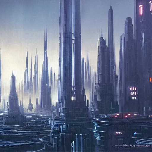 Image similar to dystopian evil cyberpunk cityscape, giant spires and buildings, 1 9 7 0 s star wars concept art painting