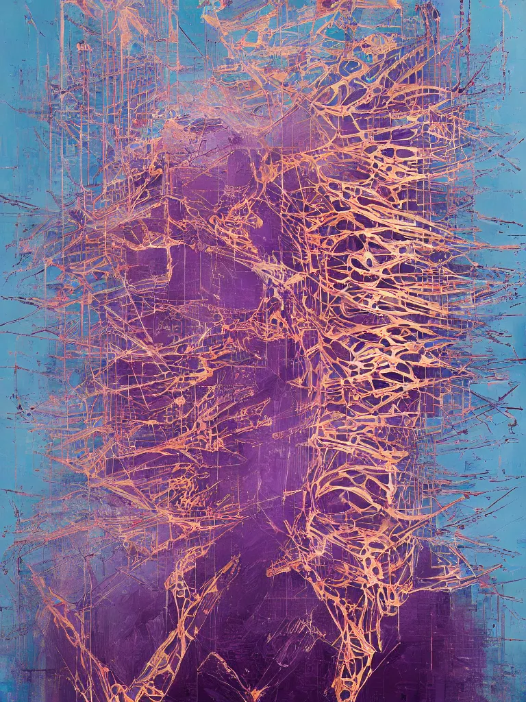 Image similar to a beautiful glitched abstract geometric painting by robert proch and robert heindel of an anatomy spinal structure study of the human nervous system on top of rectangle shapes, color bleeding, pixel sorting, copper oxide and rust materials, brushstrokes by jeremy mann, cold top lighting, pastel purple background