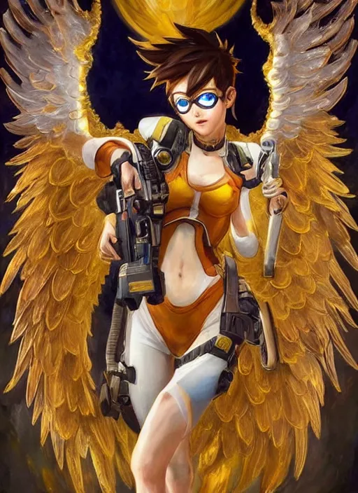 Image similar to full body oil painting of tracer overwatch in the style of sophie anderson, angel wings, angelic golden armor, dramatic painting, symmetrical composition, ornate, golden chains, high detail, gold detailed collar!!!!!, blooming, angelic, lights, flowers, heavenly, bright, detailed face,