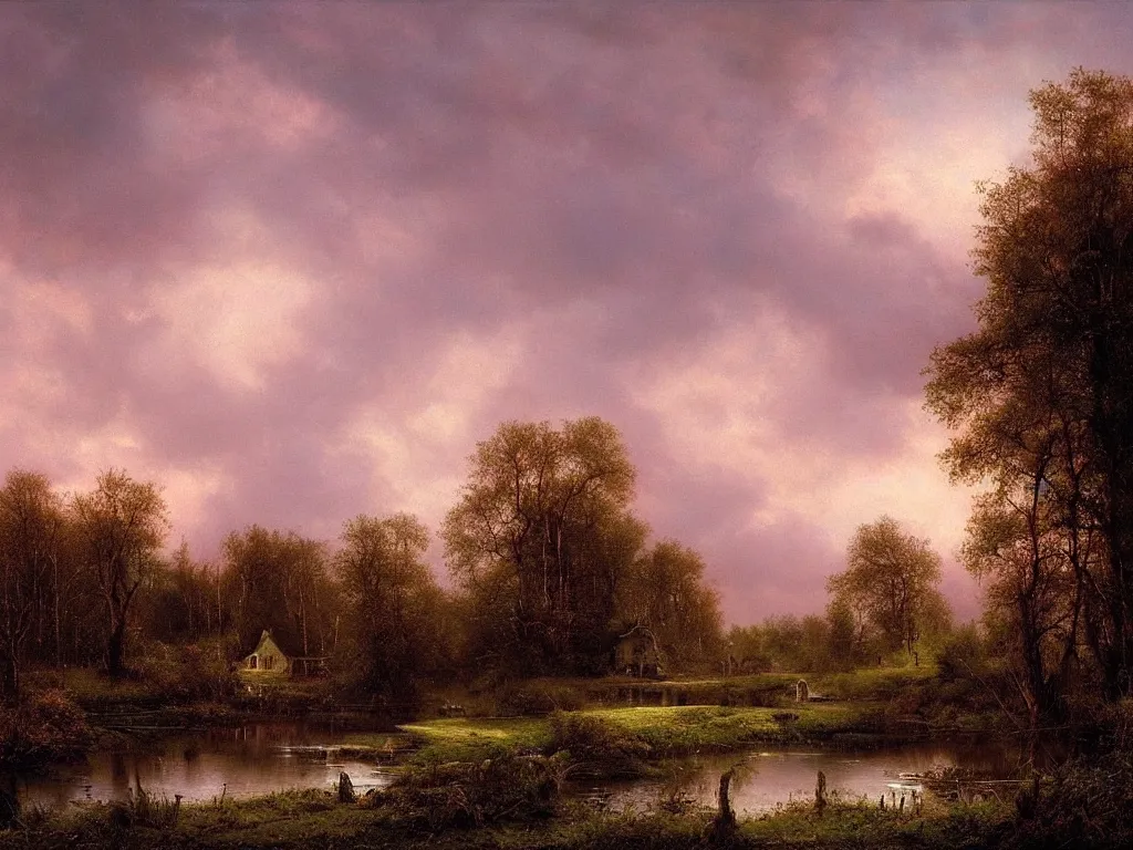 Prompt: a gorgous witchhouse in a woodland, evening mood, pink clouds in the sky, by clive madgwick