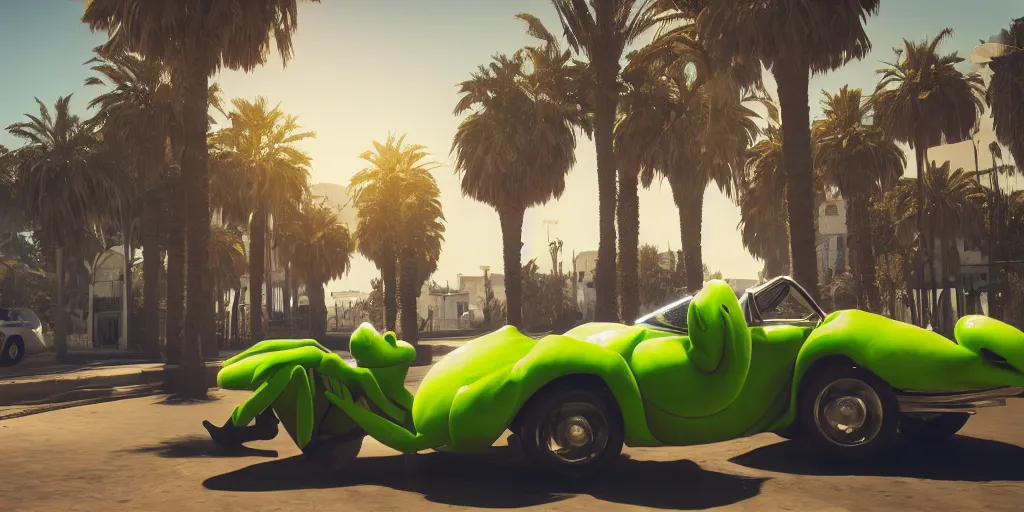 Image similar to kermit driving a car, wlop, moroccan city, mosque, palm trees, cinematic lighting, hyperdetailed, 8 k realistic, symmetrical, global illumination, radiant light,, frostbite 3 engine, cryengine, dof, trending on artstation, digital art, chanel