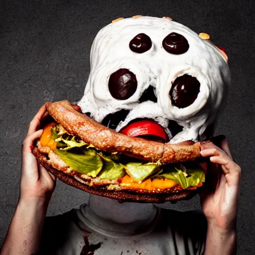 Image similar to a humanoid bipedal upright zombie that strongly resembles a hamburger, professional food photography