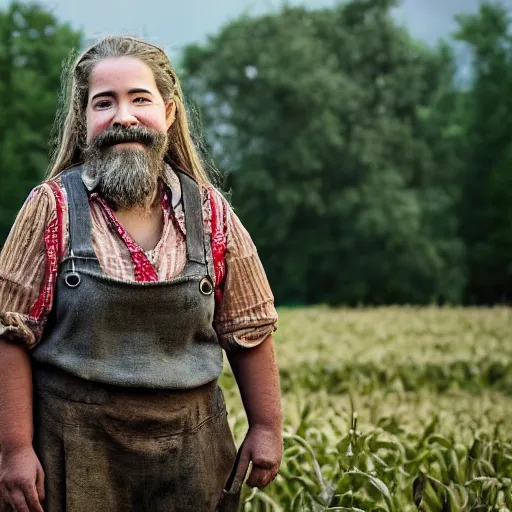 Image similar to portrait, a hardworking dwarven female farmer, ragged clothes, standing in a field, dirty