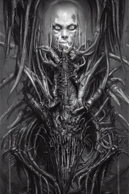 Prompt: portrait of claudia black by hr giger, greg rutkowski and wayne barlowe as a diablo, resident evil, dark souls, bloodborne monster