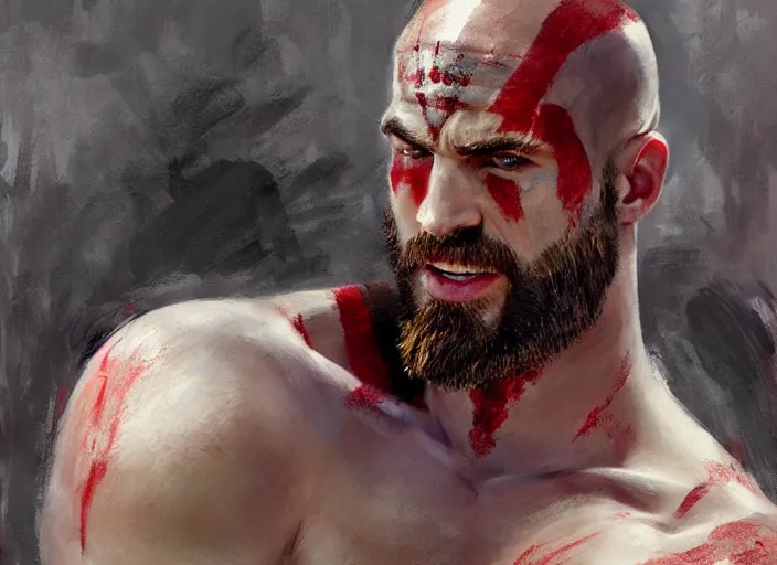 Image similar to a highly detailed beautiful portrait of chris evans as kratos, by gregory manchess, james gurney, james jean