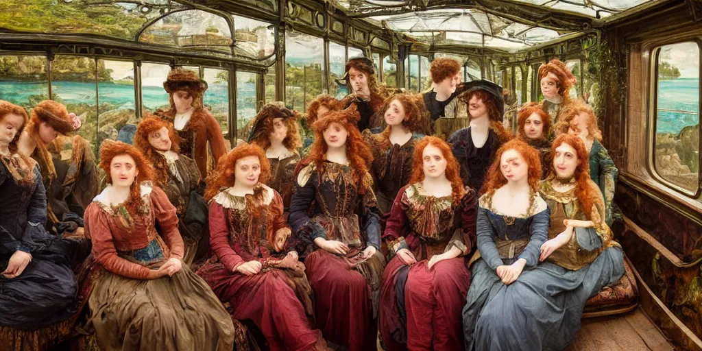 Image similar to detailed colour preraphaelite photograph group portrait of amazingly cool characterful people sat down extreme closeup, in the inside of the beautiful underwater train to atlantis, realistic and lifelike expressions, crowds of people sat down wearing unusual clothes, by william powell frith, 4 k