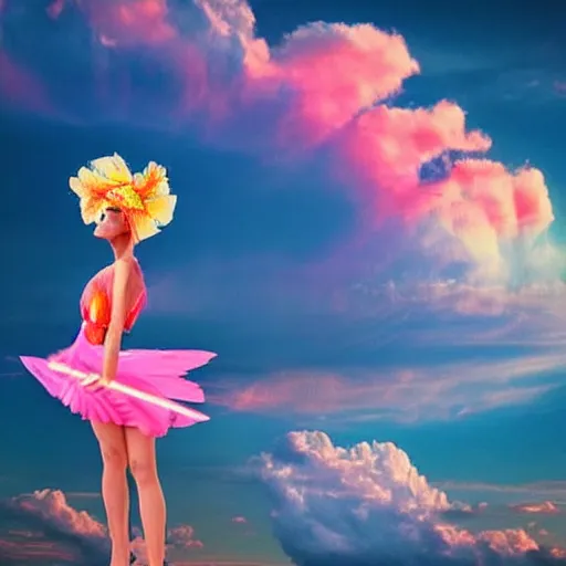 Image similar to a goddess wearing a flamingo fashion up there in sky, aesthetics, on fire, photoshop, colossal, creative and cool, giant, digital art, city, photo manipulation, clouds