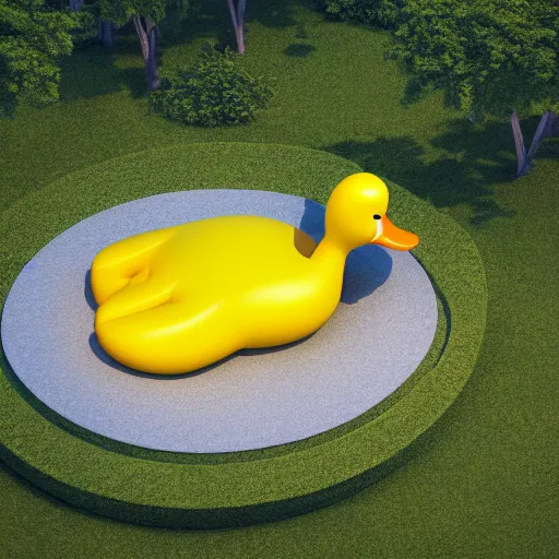 Prompt: massive inflatable duck in the middle of the forest, sky view, 3d octane render