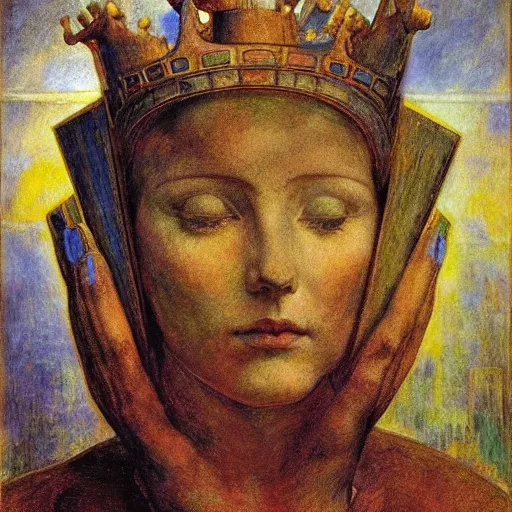 Image similar to the android in her iron crown after the storm, by Annie Swynnerton and Diego Rivera, symbolist, dramatic lighting, elaborate geometric ornament, Art Brut ,god rays, soft cool colors,smooth, sharp focus, extremely detailed, Adolf Wölfli