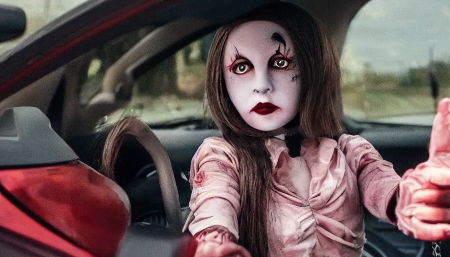 Image similar to big budget horror movie about an evil killer doll jumping on a woman driving a car