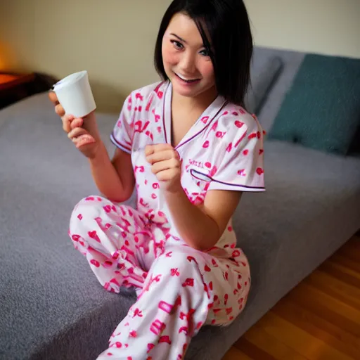 Image similar to photo of a cute girl wearing Japanese comfy pajamas, kawaii,