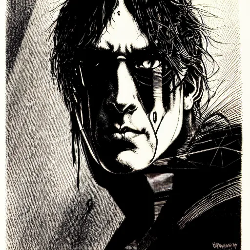 Image similar to cyberpunk portrait, by bernie wrightson, etching, screen print, sharp,